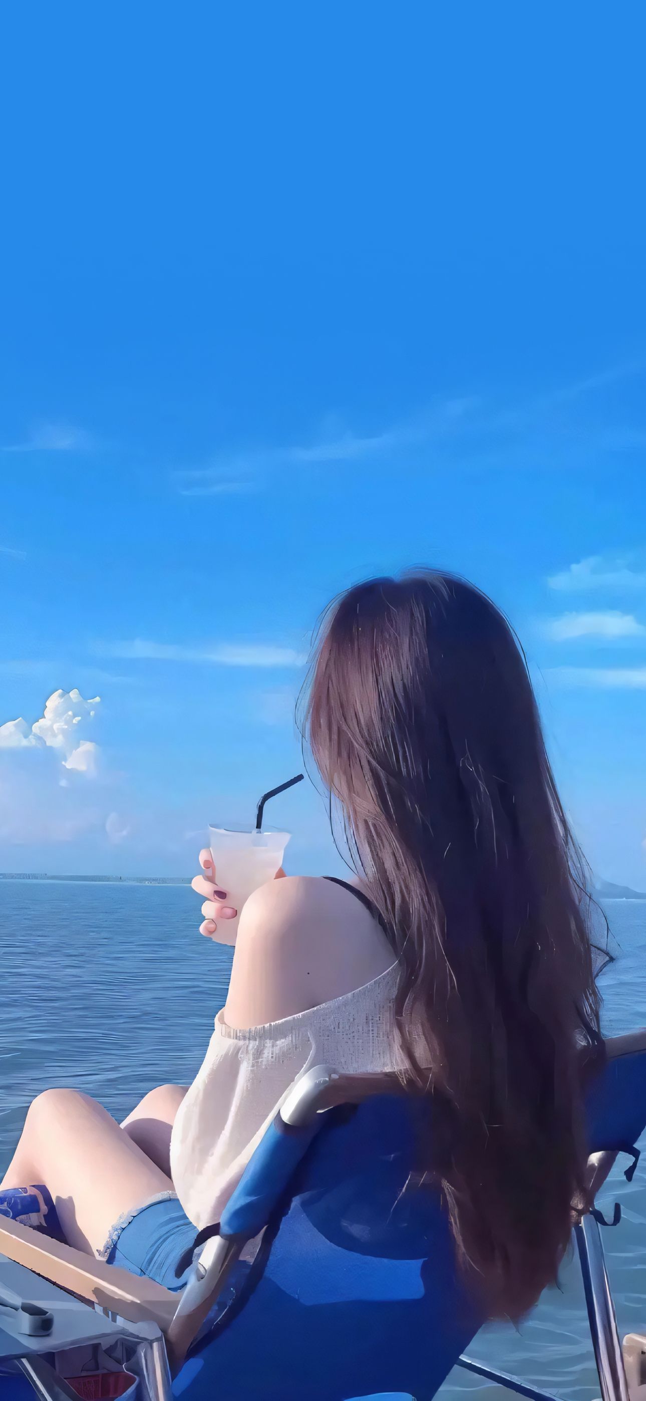 美女坐湖边喝茶看风暴手机壁纸