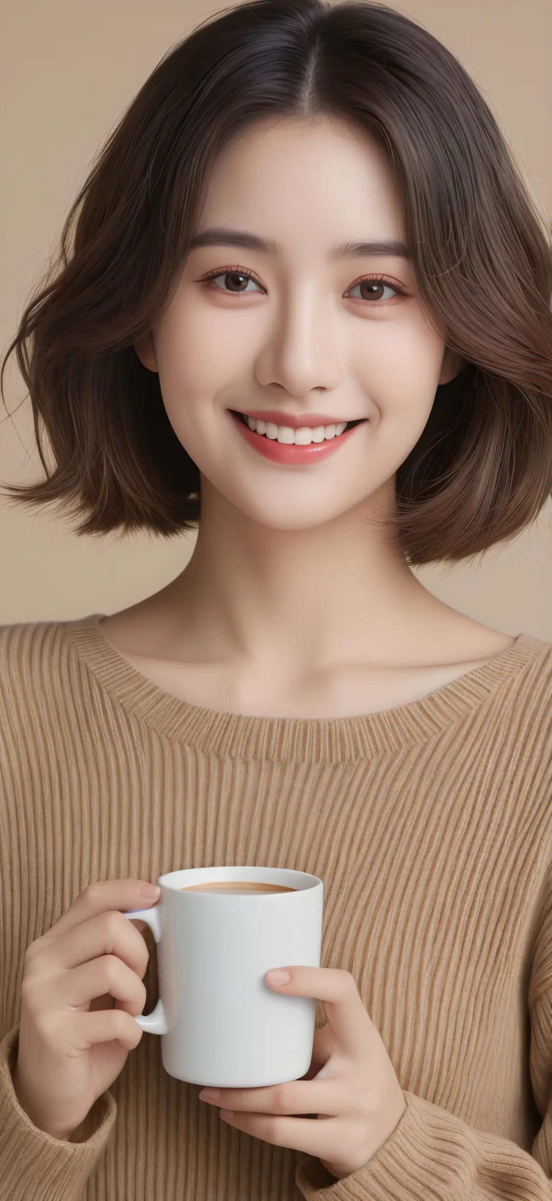 手拿一杯咖啡笑容满面的美女手机壁纸