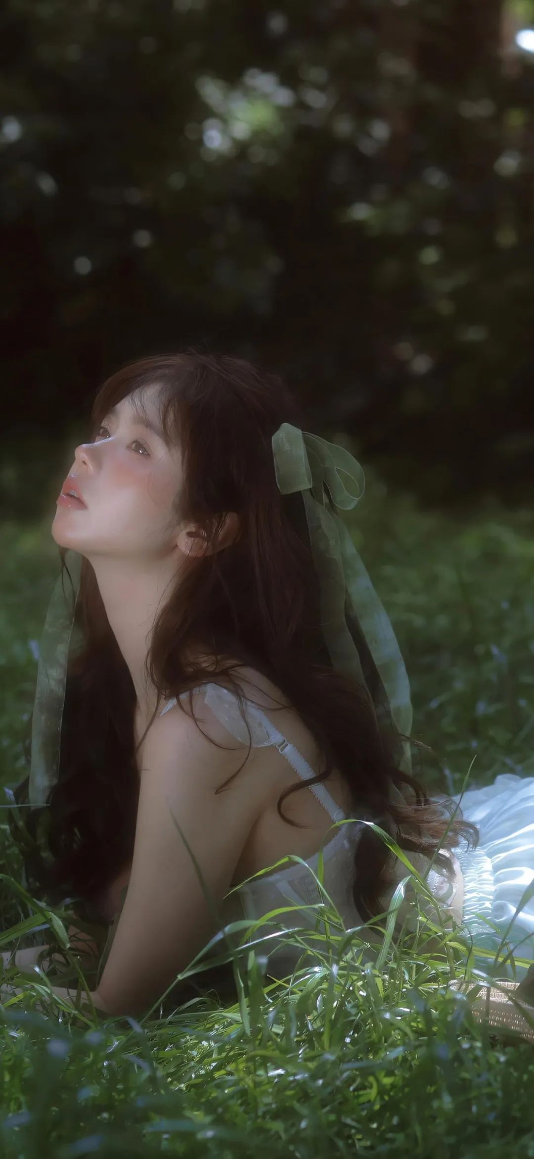 趴草地上的清纯美女手机壁纸
