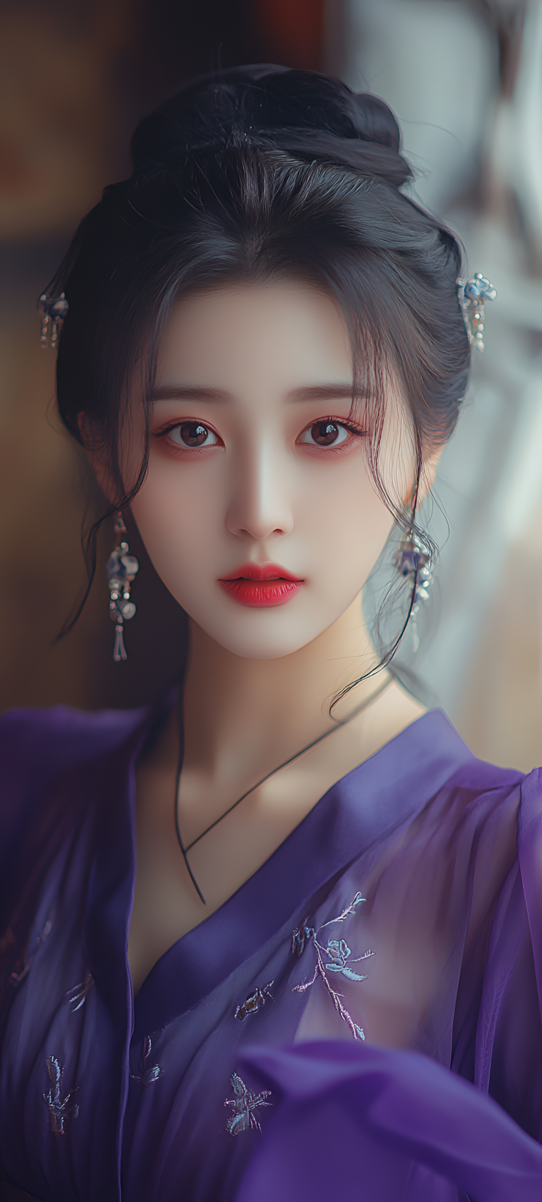 AI绘画穿紫色衣的国风美女手机壁纸