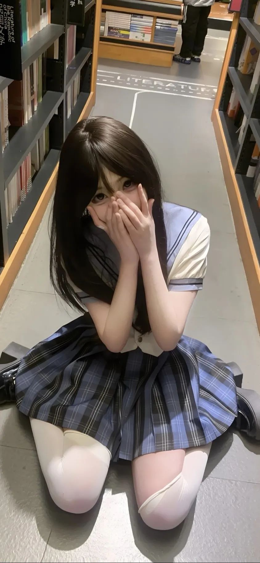 JK白丝少女跪坐地上捂脸手机壁纸