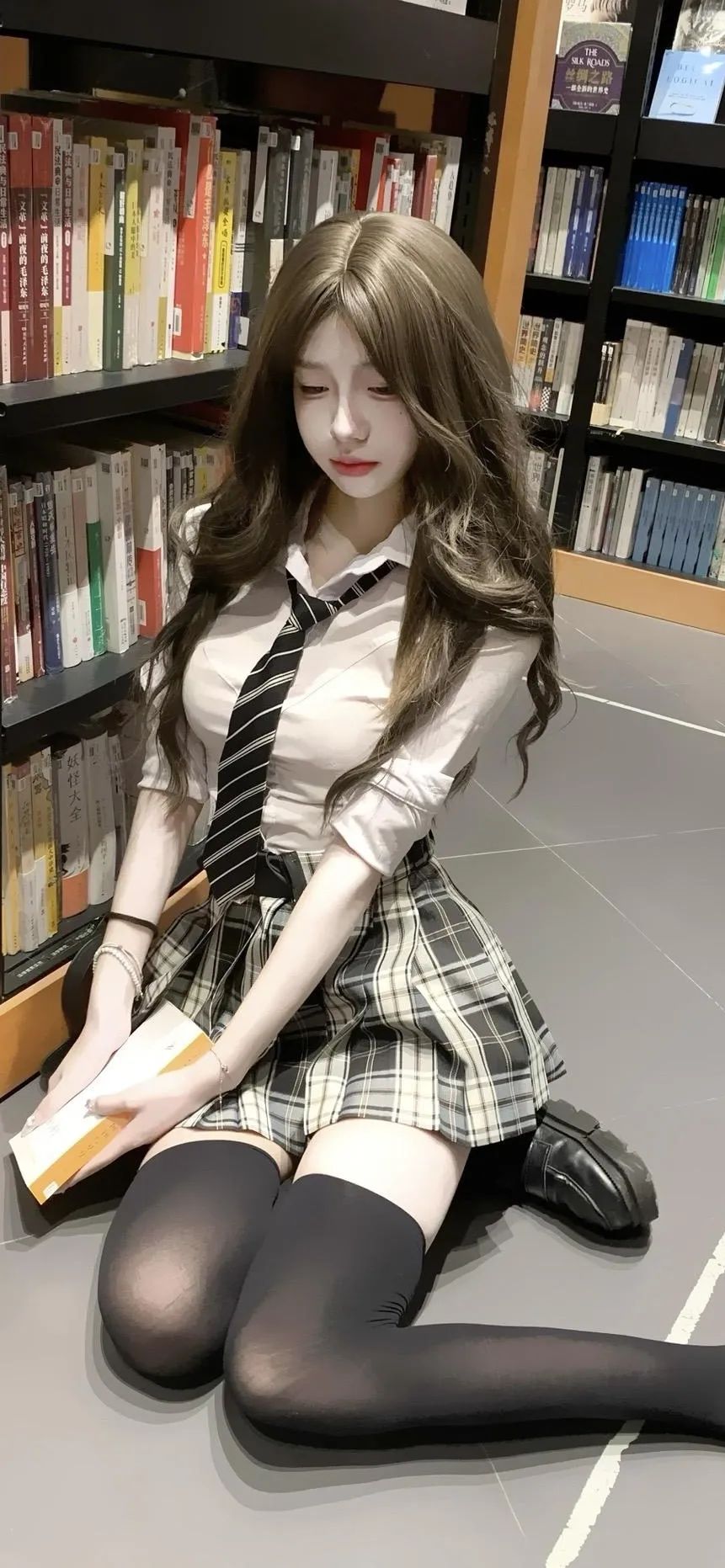 在图书馆坐地板上的黑丝美女手机壁纸