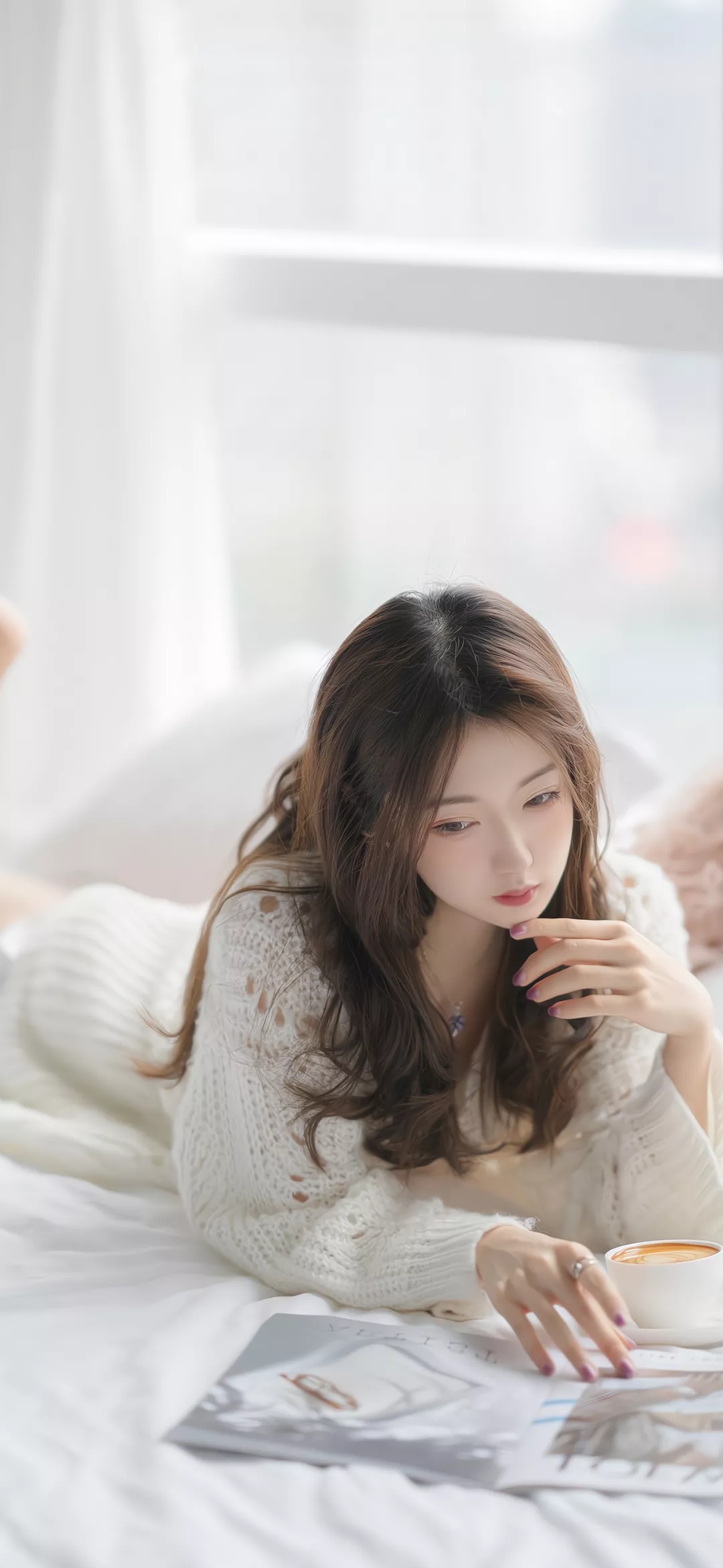 长发美女趴床上看书喝咖啡手机壁纸