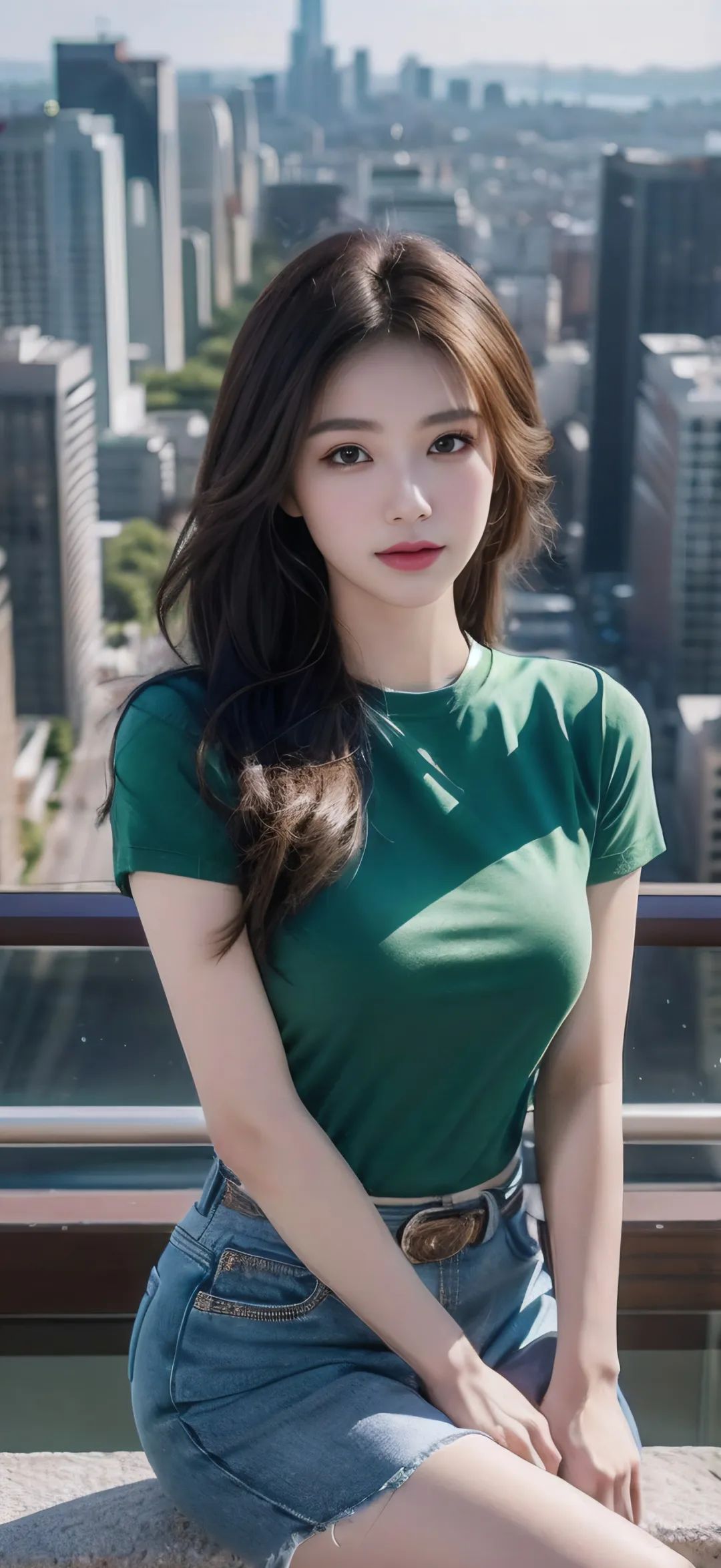 ai绘画坐楼顶上拍照热裤绿T恤美女手机壁纸