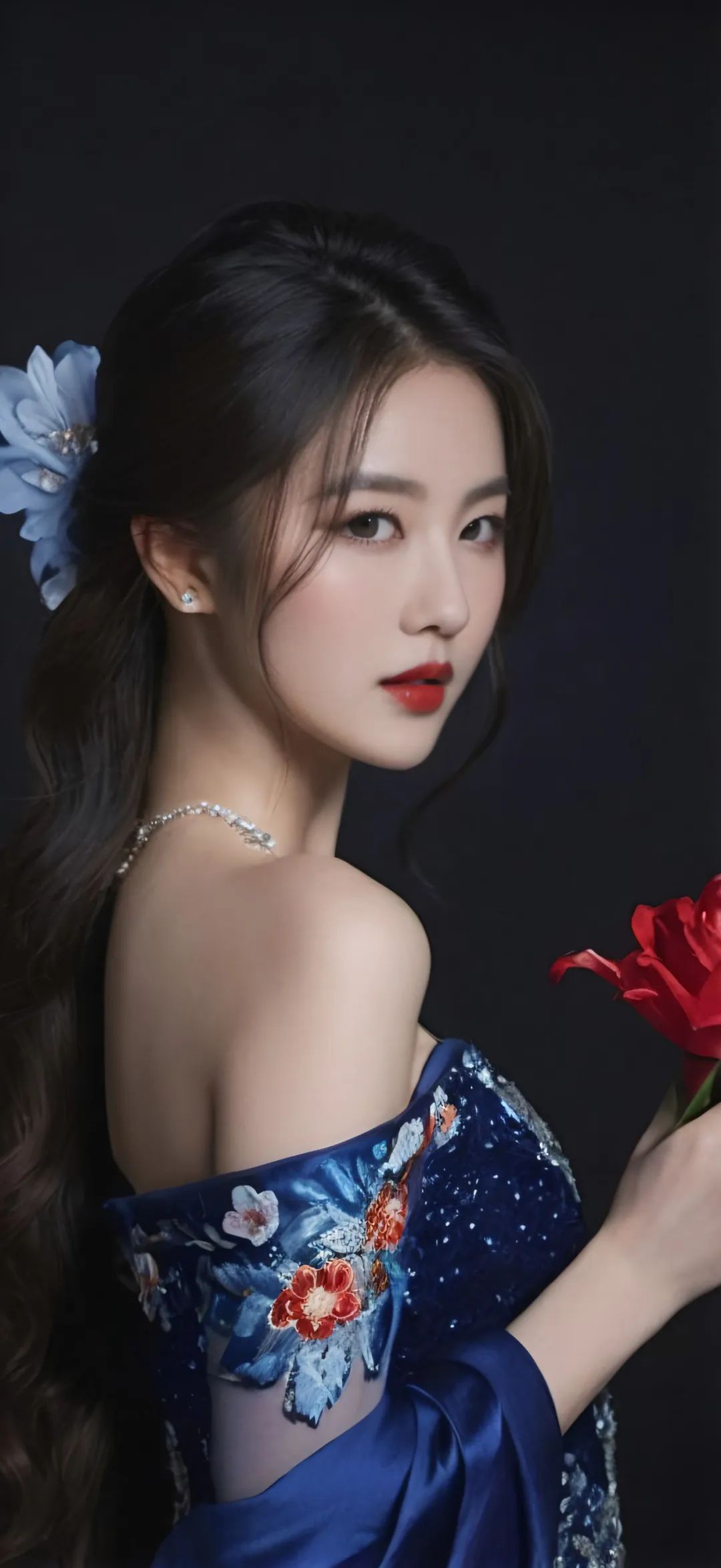 ai绘画黑色背景侧身穿抹胸裙的颜值美女手机壁纸